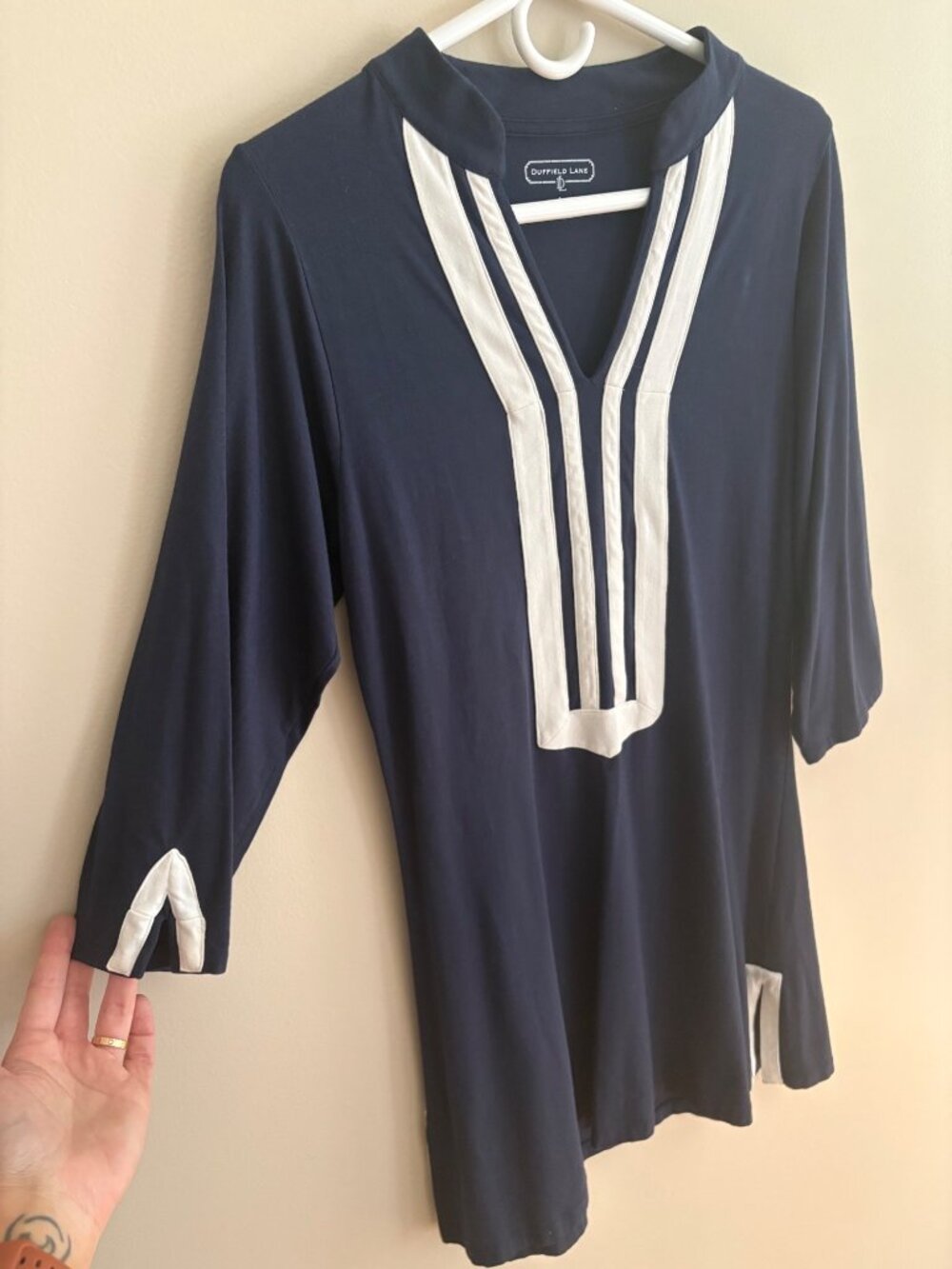 Duffield Lane Navy Tunic Dress Size Large White Trim 3/4 Sleeve Preppy Stretch - Picture 5 of 11